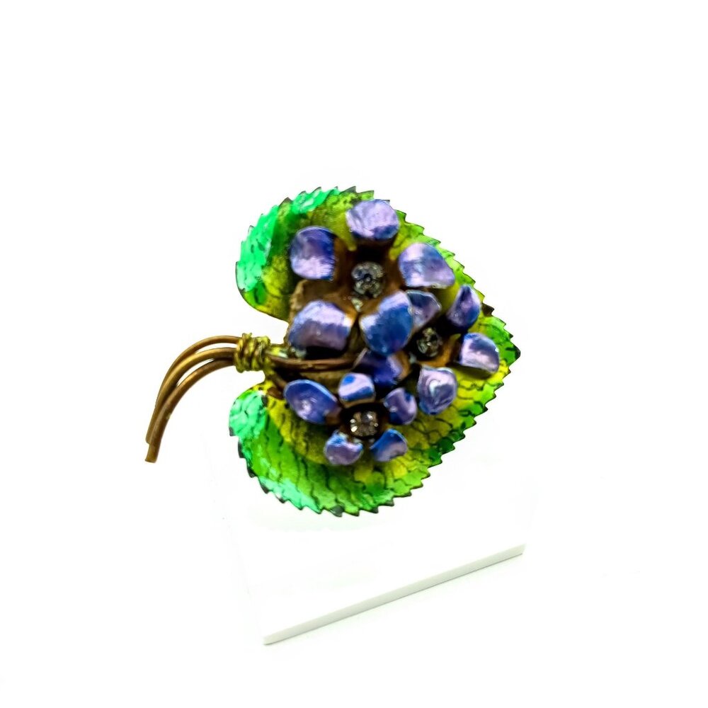 Purple Flowers Vintage Brooch, African Violets on Green Leaf, Enamel and Crystal
